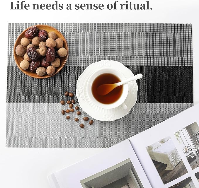 Leetaltree Grey with White Striped Placemats Set of 6 - Heat Resistant Non-Slip Place mats for Dining Table, Washable Durable PVC Vinyl Woven Table Mats（Grey Stripe, 6）