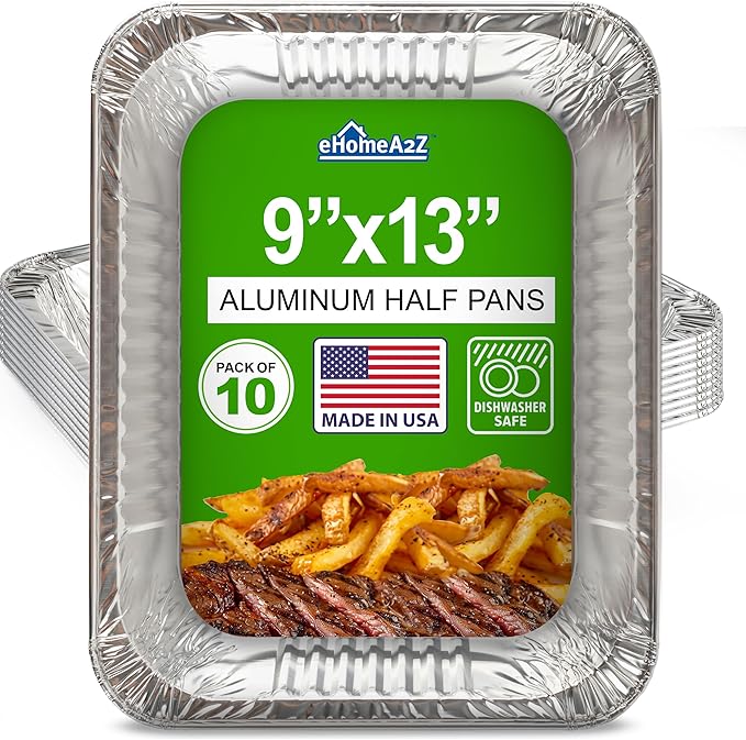 EHOMEA2Z Aluminum Pans Disposable Half Size (10 Pack) – MADE IN USA – 9x13 Heavy Duty Foil Pans, Durable & Recyclable Baking Pans, Eco-Friendly, Lightweight, Great for BBQ, Parties & Catering
