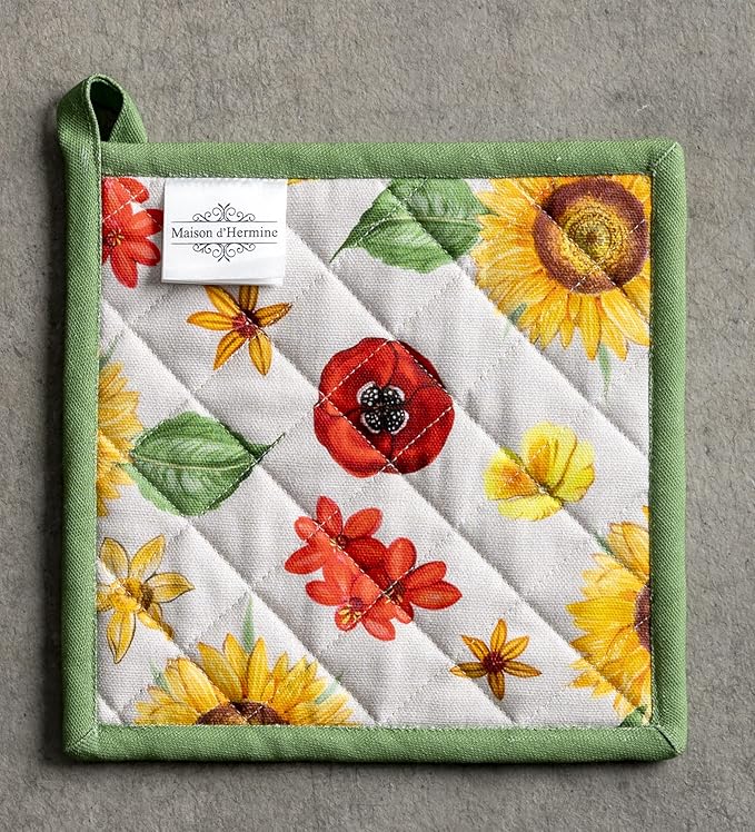 Maison d' Hermine Pot Holders 100% Cotton Heat Resistant Potholders 8" x 8" Hot Pads with Loop BBQ, Cooking, Baking, Grilling, Kitchen, Handling Hot Pans Spring/Summer (Pack of 1, Basse Cour)