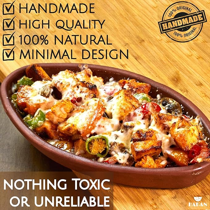 Hakan Bergama Handmade Oval Clay Pan Set of 2 | Terracotta Pans Glazed Inside | Casserole Dishes for Oven Baking | Traditional Earthenware Clay in Box, Large, 4.8 x 10.25 x 1.5-inch 13.5 Oz (400 cc)