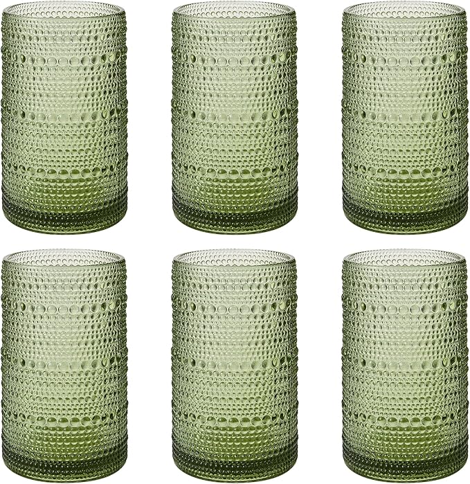Vintage Hobnail Drinking Glasses Set of 6, 16 oz Large Capacity Embossed Green Tumblers, Highball Glasses for Water, Cocktail, Beer, Whiskey, Kitchen & Bar Use