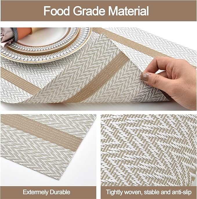 Beige White Placemats Set of 8 - Easy Clean Modern Durable Washable Vinyl Place Mats - Heat Resistant Placemats for Kitchen Table - PVC Table Mats for Dining Table (Beige White with Stripes, 8)