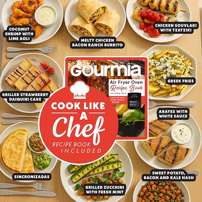 Gourmia Smokeless Indoor Grill & Air Fryer with Recipe Book – Electric Grill for Indoor Use, 5‑in‑1 Countertop Cooker, Cast-Iron Grate, 1650W, Glass Lid, Dishwasher-Safe Plates