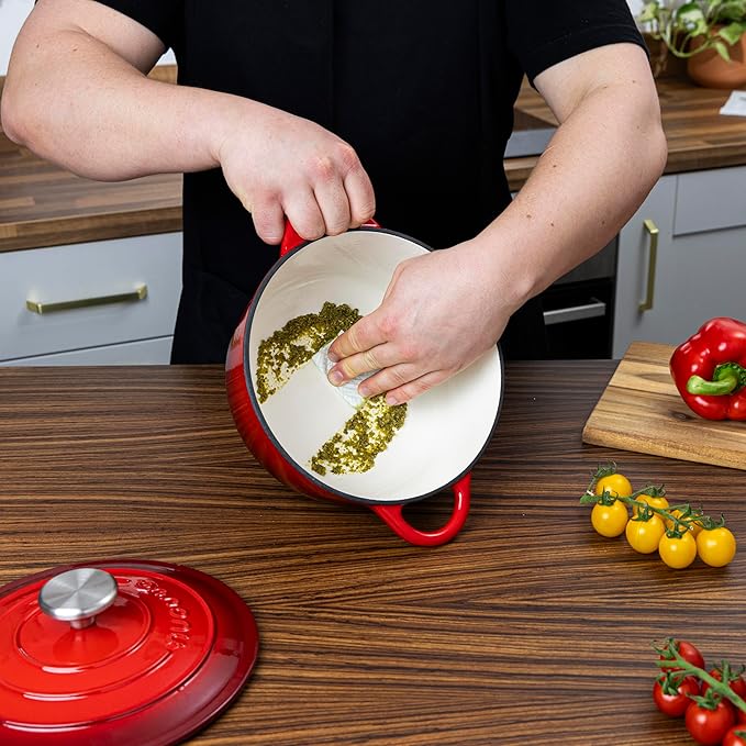 Cast Iron Pot with Lid – Non-Stick Ovenproof Enamelled Casserole Pot, Oven Safe up to 500° F – Sturdy Dutch Oven Cookware – Red, 5-Quart, 24cm – by Nuovva