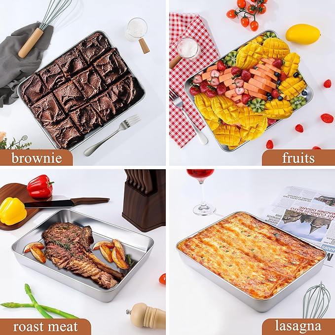 LIANYU 12⅓ x 9¾ x 2 Inch Cake Baking Pan Set of 4, Toaster Oven Pan for Brownies Lasagna Casseroles Cookie Meat, Stainless Steel Rectangle Bakeware Set, Heavy Duty & Mirror Polished, Dishwasher Safe