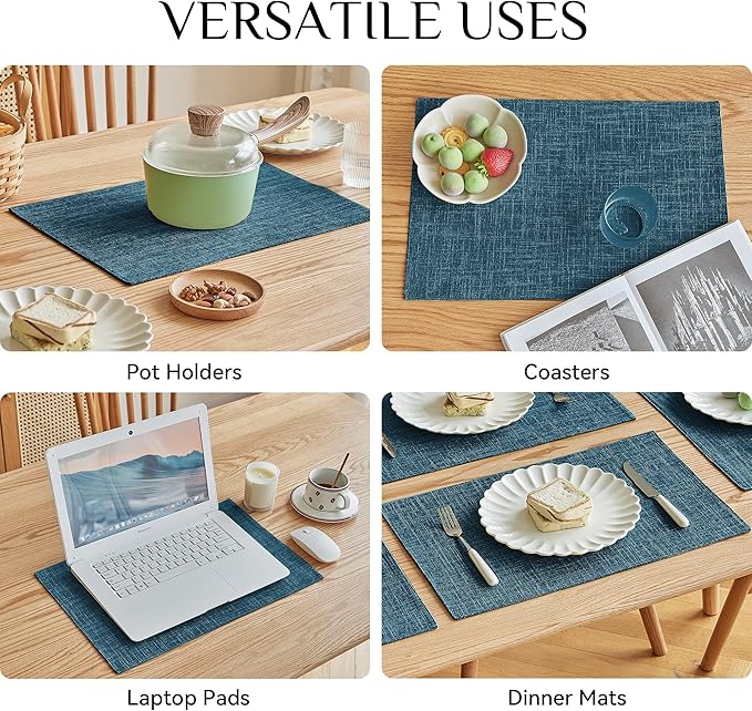 Softalker Faux Linen Placemats Set of 6-12 x 18 Inch, Heat Resistant Double Layered Durable Burlap Farmhouse Place Mats, Non-Slip Washable Rustic Table Mats for Dining, Kitchen, Party（Teal