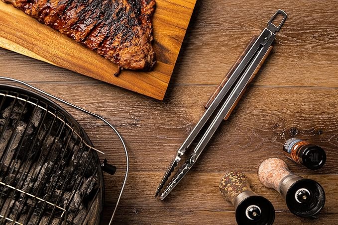 12" Long Tongs 18/0 Stainless Steel BBQ Grill Tongs with Ergonomic Real Walnut Wood Handle for Cooking - Durable Grilling Accessory, Tongs for Cooking & Kitchen, Outdoor Barbecue, Easy to Clean