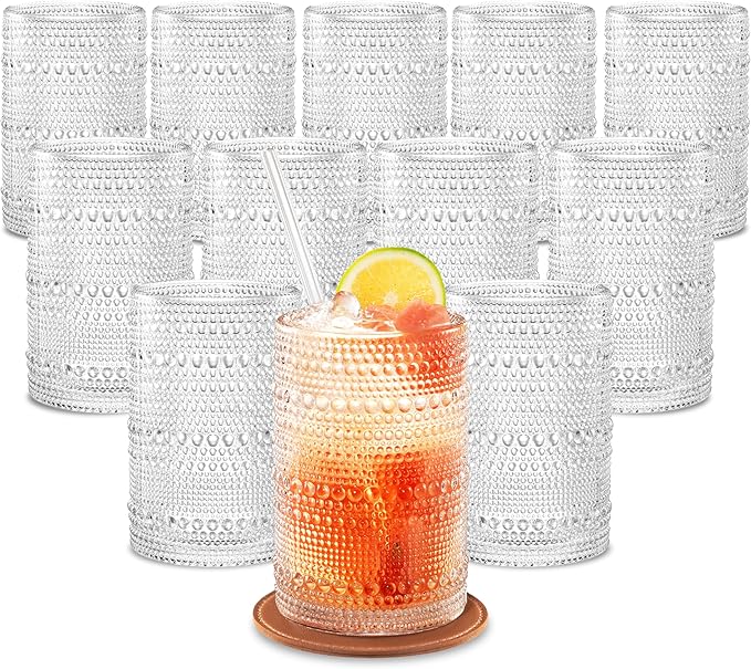 15 OZ Hobnail Drinking Set of 12 – Vintage Embossed Glassware, Textured Tumblers for Water, Beer, Cocktails, Mocktails, Whiskey & More – Includes Straws and Coasters – Clear