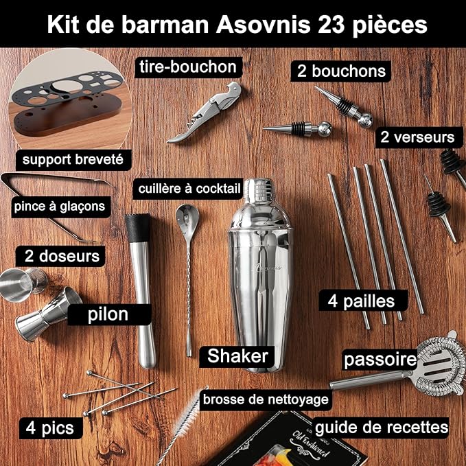 Cocktail Shaker Set Bartender Kit with Stand | 23-Piece Bar Set Drink Mixer Set with All Essential Bar Tools: Martini Shaker, Jigger, Strainer, Spoon, Muddler, Pourers, for Home, Bar, Party