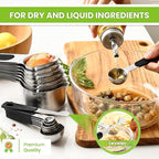 Spring Chef Magnetic Measuring Cups & Spoons Set (Patent Pending), Strong N45 Magnets, Heavy Duty Stainless Steel Fits in Spice Jars for Baking & Cooking, BPA Free, Round Set of 15 with Leveler, Black