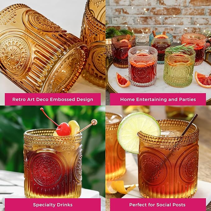 Kate Aspen Vintage Amber Drinking Glasses Set of 6 10 oz Ribbed Glassware for Drinking Water, Juice, Cocktail Glasses - Ribbed Glass Cups Set, Iced Coffee Cup, Kitchen Drinkware or Home Bar