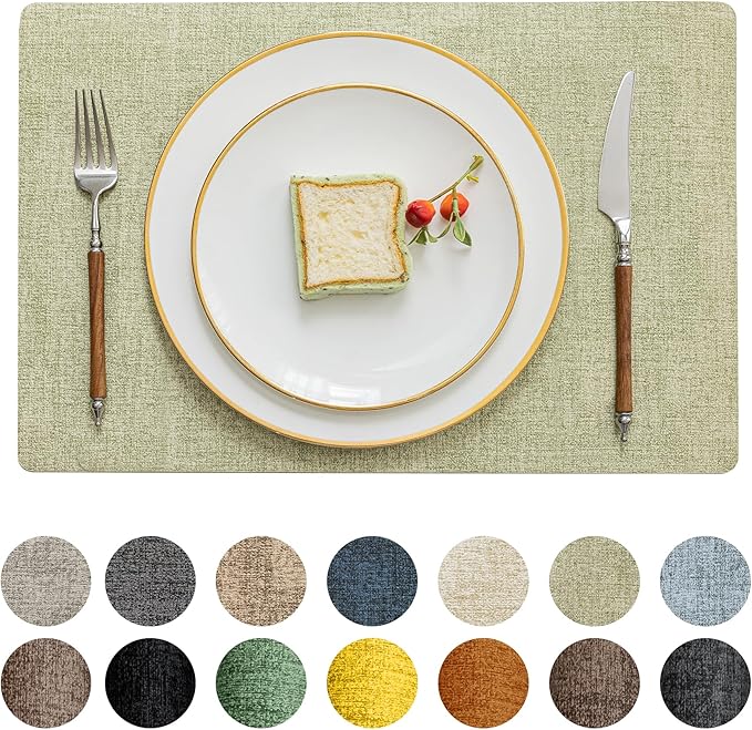 Romanstile Vinyl Placemats Set of 6-12 X 18 Inch - Heat Resistant Place Mats 100% Waterproof Oilproof Wipeable Reversible Faux Leather Table Mats for Kitchen/Dining/Party/Outdoor, Grass Green