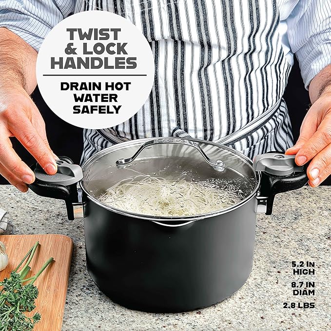GOTHAM STEEL 5 Qt Ceramic Stock Pot Multipurpose Pasta Pot with Strainer Lid & Twist and Lock Handles, Perfect for Soup, Spaghetti, Rice, Dishwasher Safe - BLACK