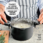 GOTHAM STEEL 5 Qt Ceramic Stock Pot Multipurpose Pasta Pot with Strainer Lid & Twist and Lock Handles, Perfect for Soup, Spaghetti, Rice, Dishwasher Safe - BLACK