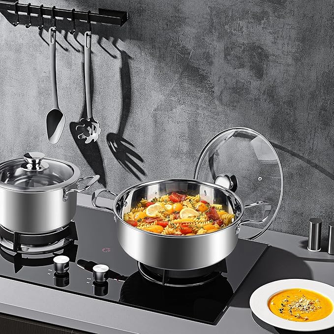 Stainless Steel Pots and Pans Set, 6 Piece Kitchen Induction Cookware Sets with Glass Lids, Works with Induction, Electric and Gas Cooktops, Non Toxic, Oven & Dishwasher Safe