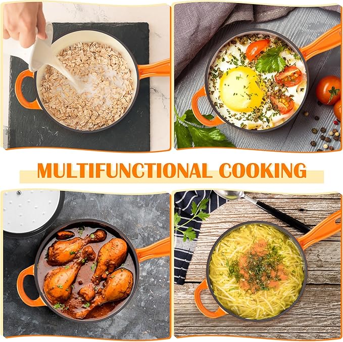 E-far Enameled Cast Iron Sauce Pan, 2 Quart Dutch Oven Saucepan with Lid, Small Sauce Pot for Cooking, Boiling, Healthy & Non Toxic, Induction & Oven Safe, Orange