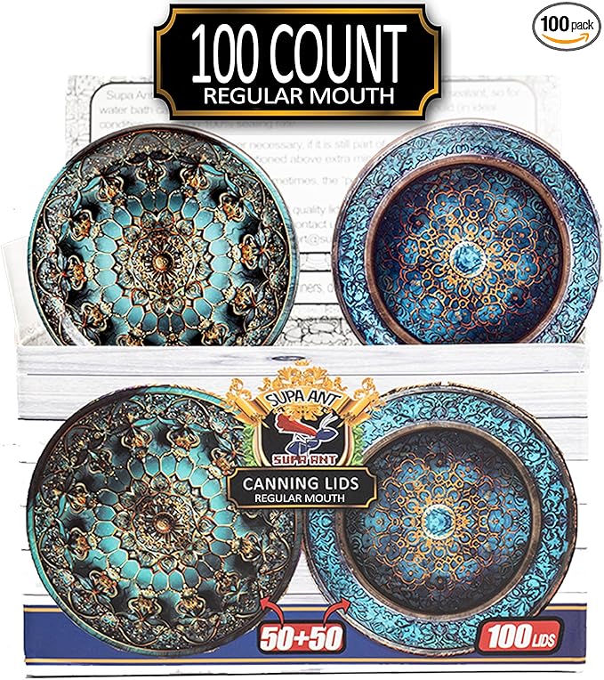 Supa Ant Canning Lids Regular Mouth (100pcs) Decorative Tin Canning Lids Regular Mouth (Royal Worcester) Buckle Proof and Rust Proof - Perfect Fit Can Lid for Mason Jars Canning Supplies