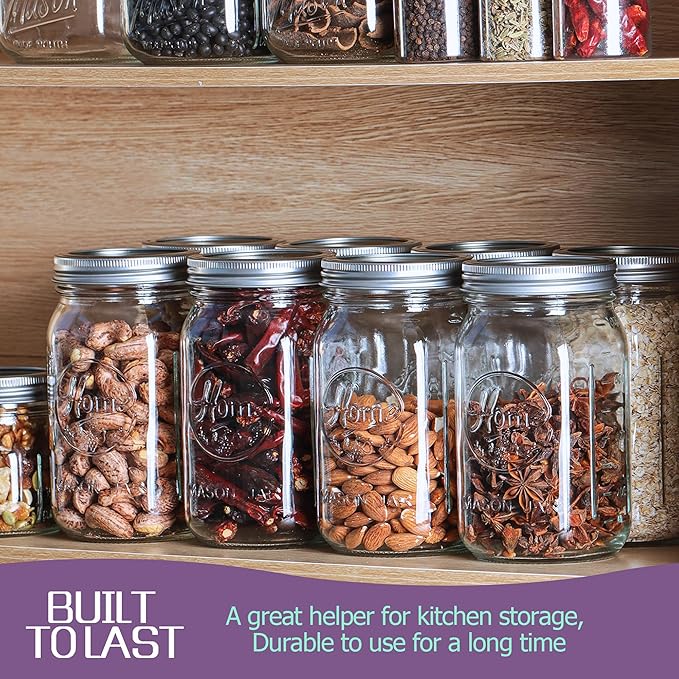 12 Pack Wide Mouth Mason Jars 32 oz - Heavy Duty Glass Quart Mason Jars With Airtight Lids for Pickling, Canning, Food Storage, Meal Prep and Fermenting, Leak Proof