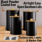 Kitchen Canisters for Countertop Set of 4 with Customizable Chalkboard Labels & Marker Pen - Big Iron Kitchen Canisters with Airtight Lids - Black Canister Set - Flour and Sugar Containers Farmhouse