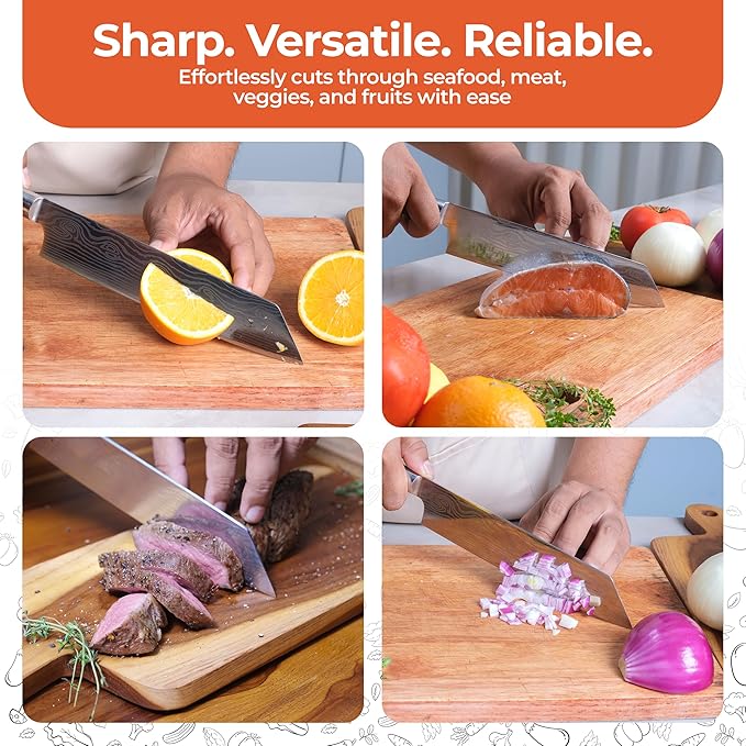 Gidli 8 Inch Chef Knife with Knife Sharpener Carbon Stainless Steel, Ultra Sharp, Ergonomic Wooden Handle, Gift Box – Kitchen Blade Set