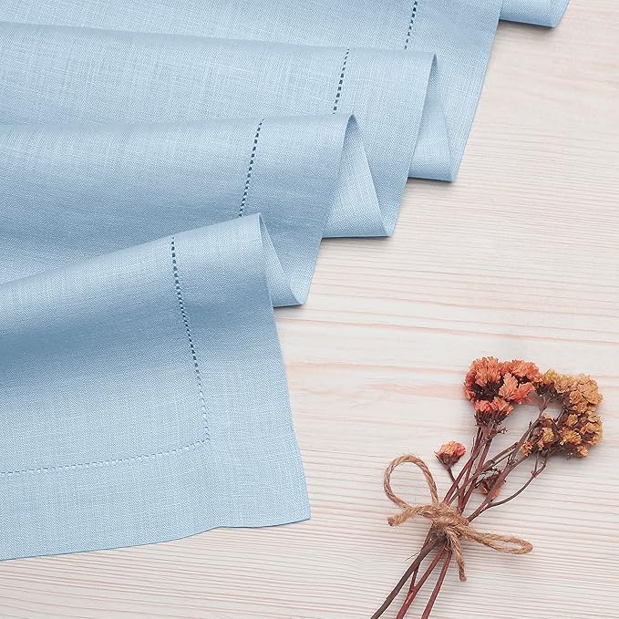 D'Moksha Homes Linen Powder Blue Table Runner 108 Inches Long - 100% Pure Linen 14 x 108 Inch Table Runner for Summer, Fall and Halloween - Classic Hemstitch