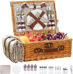 Picnic Basket Set for 4 with Waterproof Blanket Mat Insulation Bag Wicker Floral Brown Classic Fresh for Wedding Birthday Summer Camp Outdoor Camping Beach Travel Christmas