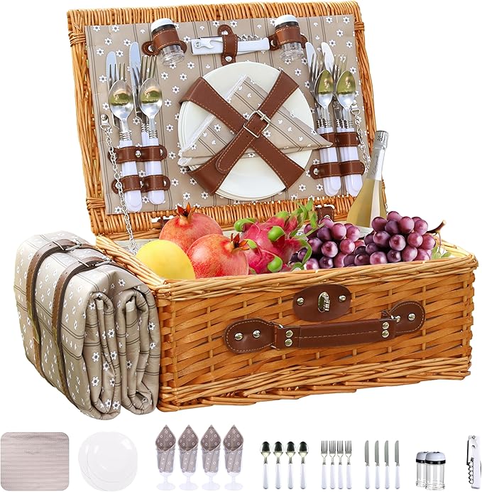 Picnic Basket Set for 4 with Waterproof Blanket Mat Insulation Bag Wicker Floral Brown Classic Fresh for Wedding Birthday Summer Camp Outdoor Camping Beach Travel Christmas