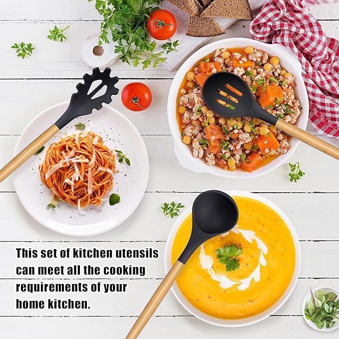 24 Pcs Kitchen Cooking Utensils Set,446°F Heat Resistant Non-Stick Silicone Kitchen Utensil Set With Wooden Handles and Holder,Kitchen Gadgets for Cookware,Kitchen Accessories,Black