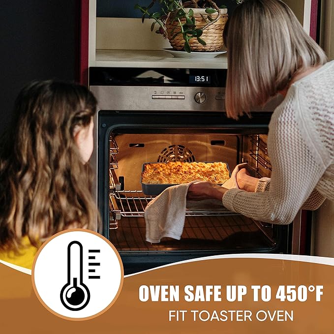 E-far Baking Pan with Lid, 9.4 x 7.3 x 2 Inch Nonstick Rectangle Stainless Steel Cake Pan Sheet for Toaster Oven, Small Black Bakeware for Cakes Brownies Casseroles, Non-toxic & Healthy, Set of 2