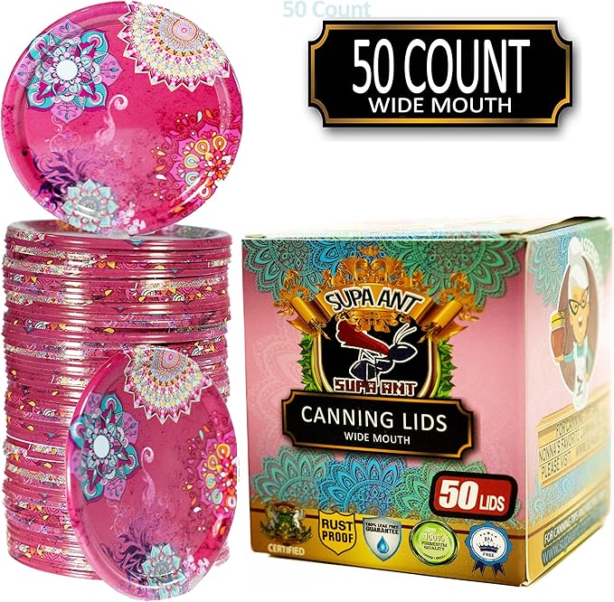 Supa Ant Thickest Canning Lids Wide Mouth (50 Pcs.) Food Grade Tin - Can Lids for Canned Food - Buckle Proof & Rust Proof Lid for Canning Kit for Wide Mouth Mason Jars (Lush) Canning Supplies