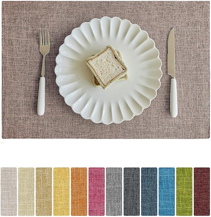 Softalker Faux Linen Placemats Set of 8-12 x 18 Inch, Heat Resistant Double Layered Durable Burlap Farmhouse Place Mats, Non-Slip Washable Rustic Table Mats for Dining, Kitchen, Party,Natural Linen