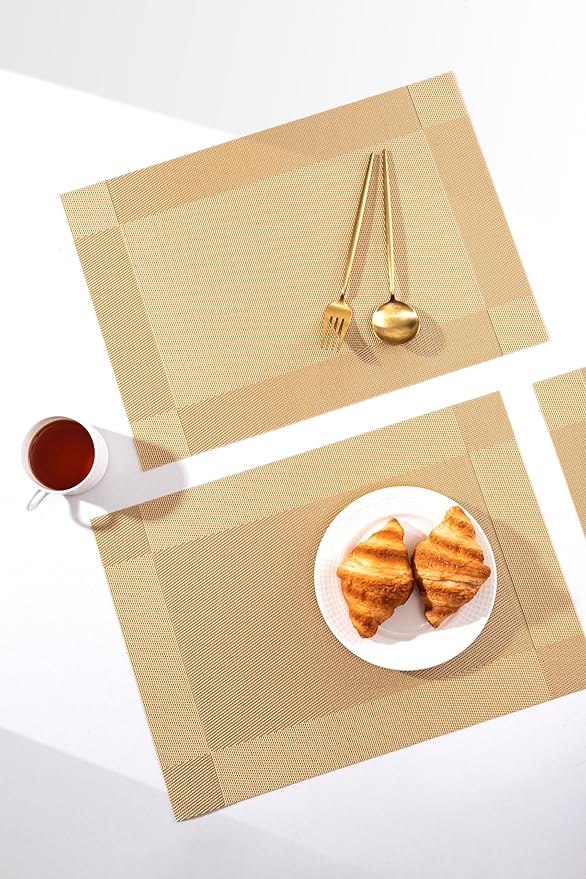 LEXMORE Placemats Set of 6 Vinyl/Plastic Woven Place Mats for Kitchen Table Indoor/Outdoor Washable Placemat Wipeable Dining Table Mats(Gold Cube)