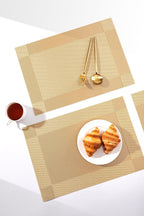 LEXMORE Placemats Set of 6 Vinyl/Plastic Woven Place Mats for Kitchen Table Indoor/Outdoor Washable Placemat Wipeable Dining Table Mats(Gold Cube)