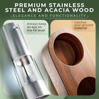 WALDWERK Electric Salt and Pepper Grinder Set (300 mAh Rechargeable Battery) - Salt and Pepper Shakers with Elegant Acacia Wood Stand – Rechargeable Automatic Salt and Pepper Grinder Set