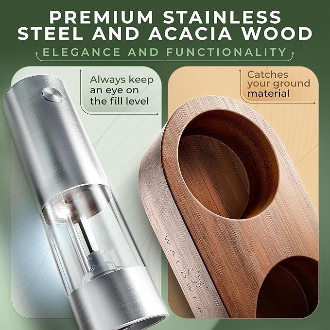 WALDWERK Electric Salt and Pepper Grinder Set (300 mAh Rechargeable Battery) - Salt and Pepper Shakers with Elegant Acacia Wood Stand – Rechargeable Automatic Salt and Pepper Grinder Set