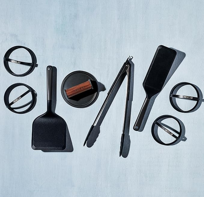 HexClad 8-Piece Griddle Tool Set with Smash-Burger Press, Wide Turner, Long Spatula, 14" Tongs, and 4 Egg Rings, Heat-Resistant to 450ºF, Dishwasher-Safe, Perfect for Our Hybrid Double-Burner Griddle