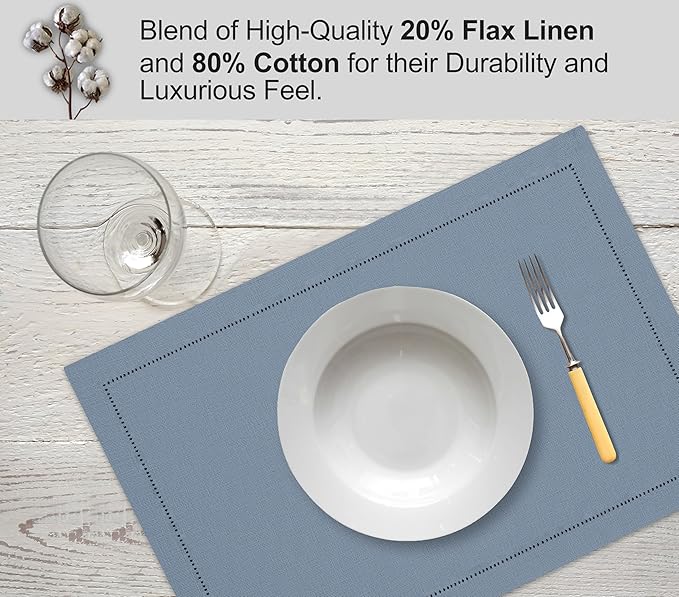 Ruvanti Linen Placemats Set of 6-13x19 Inch, Classic Hemstitch, Heat ‎Resistant Machine Washable Place Mats, Soft & Elegant- Perfect for Christmas, ‎Thanksgiving, Easter, Weddings, Dinner - Grey