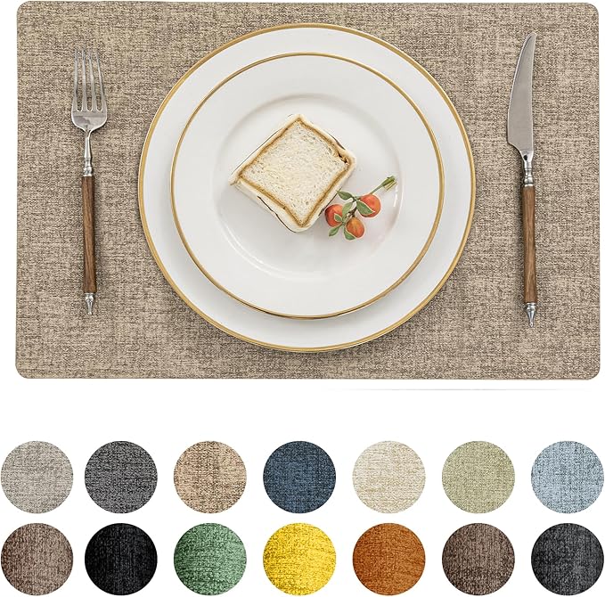 Romanstile Vinyl Placemats Set of 8-12 X 18 Inch - Heat Resistant Place Mats 100% Waterproof Oilproof Wipeable Reversible Faux Leather Table Mats for Kitchen/Dining/Party/Outdoor, Khaki