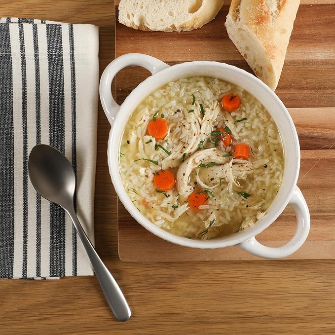 Gibson Elite Oyster Tide Embossed 6 Inch Soup Bowls with Handles. French Onion Soup Crocks, Stackable Soup Bowl, Chili, Beef Stew Reactive Glaze Stackable Ceramic Bowl, Set of 4, White