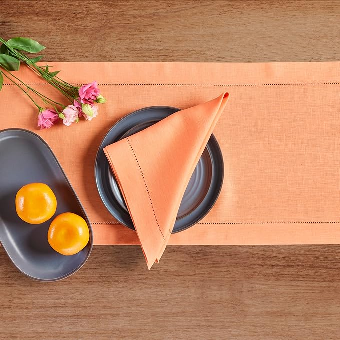 Solino Home Linen Coral Table Runner 72 Inches Long - 100% Pure Linen Hemstitch Table Runner 14 x 72 Inch for Dresser, Dining and Summer - Classic Hemstitch