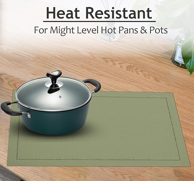 Ruvanti Linen Placemats Set of 6-13x19 Inch, Classic Hemstitch, Heat ‎Resistant Machine Washable Place Mats, Soft & Elegant- Perfect for Christmas, ‎Thanksgiving, Weddings, Dinner - Martini Olive