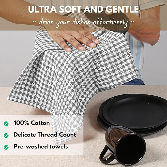 Native Fab 12 Pack Gingham Mini Check Kitchen Dish Towel Cotton Durable Washable 16"x26" - Tea Towels, Soft Absorbent Wash Cloths, Multi Purpose Towels with Hanging Loop - Grey White