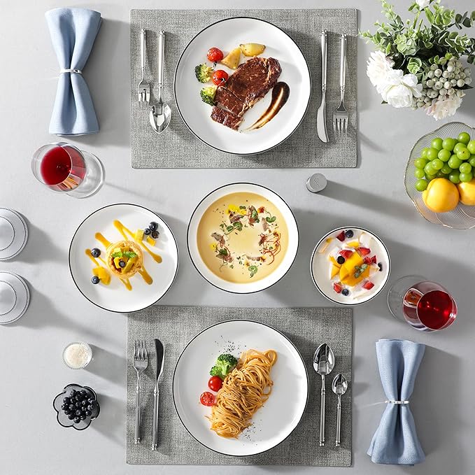 MALACASA Plates and Bowls Sets, 24 Pieces Modern Porcelain Dinnerware Set for 6 Ceramic Dishware Dishes White Kitchen Dinner Dining Ware Set wtih Black Rim Microwave and Dishwasher Safe, Series LUNA