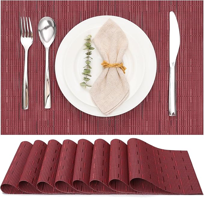 Myir JUN Placemats Set of 8, Vinyl Woven Placemats Place Mats Indoor Set of 8 Washable Table Mats Non-Slip Place mats for Dining Table (Red, Set of 8)