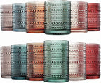 Khen Hobnail Beaded Highball Drinking Tumbler Glasses | Set of 12 | Color, Vintage Bubble Design Whiskey Glassware, Old-Fashioned, Embossed Design for Water, Wine, Cocktail Embossed, Rocks Glass