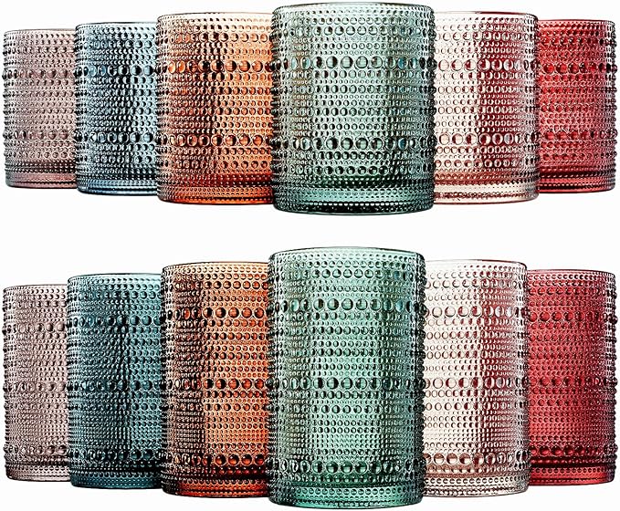 Khen Hobnail Beaded Highball Drinking Tumbler Glasses | Set of 12 | Color, Vintage Bubble Design Whiskey Glassware, Old-Fashioned, Embossed Design for Water, Wine, Cocktail Embossed, Rocks Glass