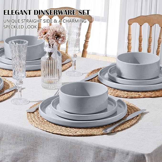 E-far Stoneware Dinnerware Sets, 12-Piece Plates and Bowls Dish Set for 4, Kitchen Modern Dinning Ware, Chip and Scratch Resistant, Microwave & Dishwasher Safe, Speckled Gray