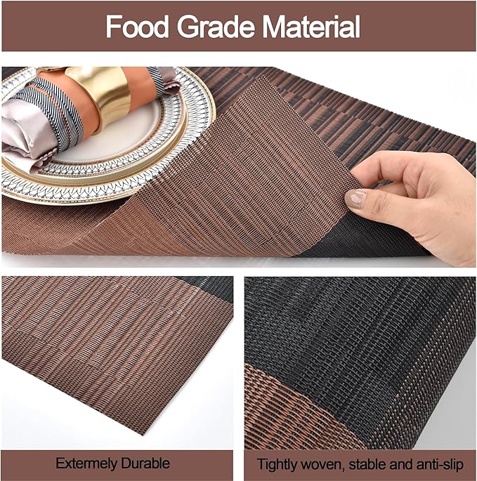 Placemats Set of 8 - Easy Clean Modern Durable Washable Vinyl Place Mats - Heat Resistant Placemats for Kitchen Table - PVC Table Mats for Dining Table (Brown Black, 8)