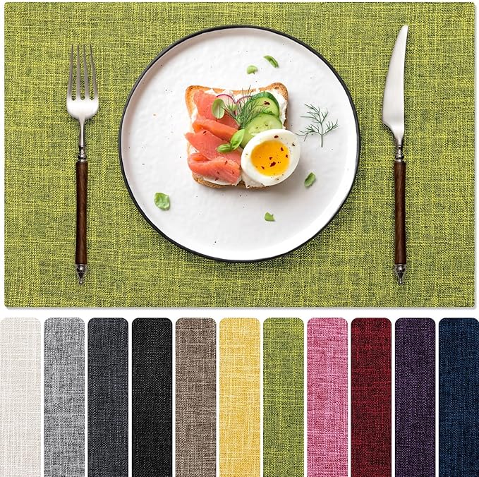 Blue Forest Placemats Set of 6, Dual-Layered Thickened Faux Linen Cloth Place Mats Heat Resistant Machine Washable Wrinkle Free Table Mats Indoor/Outdoor (Lime Green)