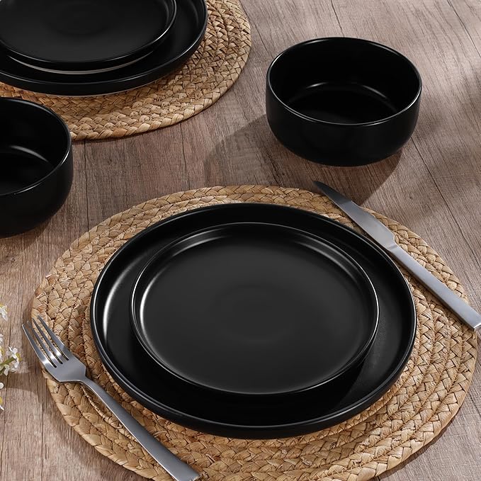 HaWare Stoneware Dinnerware Sets, 12-Piece Plates and Bowls Set for 4, Dishes Set for Home Restaurant, Frosting Black